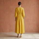 Yellow Cotton Flax Deep-V Neck Empire Waist Maxi Dress