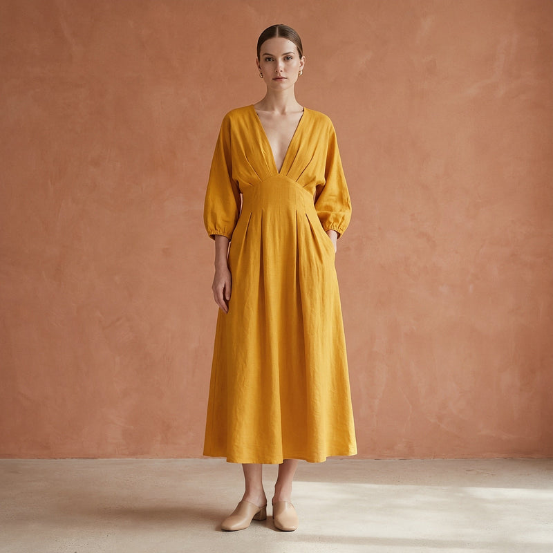 Yellow Cotton Flax Deep-V Neck Empire Waist Maxi Dress 32