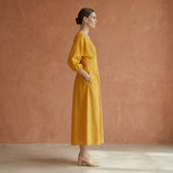 Yellow Cotton Flax Deep-V Neck Empire Waist Maxi Dress
