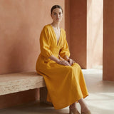 Yellow Cotton Flax Deep-V Neck Empire Waist Maxi Dress