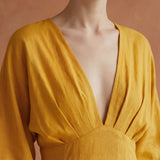 Yellow Cotton Flax Deep-V Neck Empire Waist Maxi Dress
