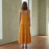 Yellow Cotton Flax Drop-Waist Camisole Maxi Tier Dress