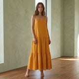 Yellow Cotton Flax Drop-Waist Camisole Maxi Tier Dress