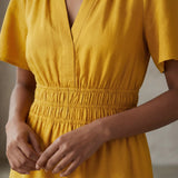 Yellow Cotton Flax Elasticated Short Tier Dress