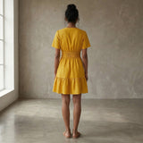 Yellow Cotton Flax Elasticated Short Tier Dress