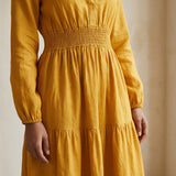 Yellow Cotton Flax Fit and Flare Maxi Tier Dress