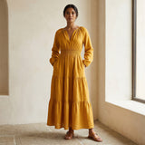 Yellow Cotton Flax Fit and Flare Maxi Tier Dress