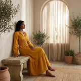 Yellow Cotton Flax Fit and Flare Maxi Tier Dress