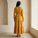 Yellow Cotton Flax Fit and Flare Maxi Tier Dress