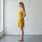 Yellow Cotton Flax Fit and Flare Short Dress