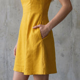 Yellow Cotton Flax Fit and Flare Short Dress