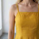 Yellow Cotton Flax Fit and Flare Short Dress