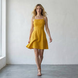 Yellow Cotton Flax Fit and Flare Short Dress