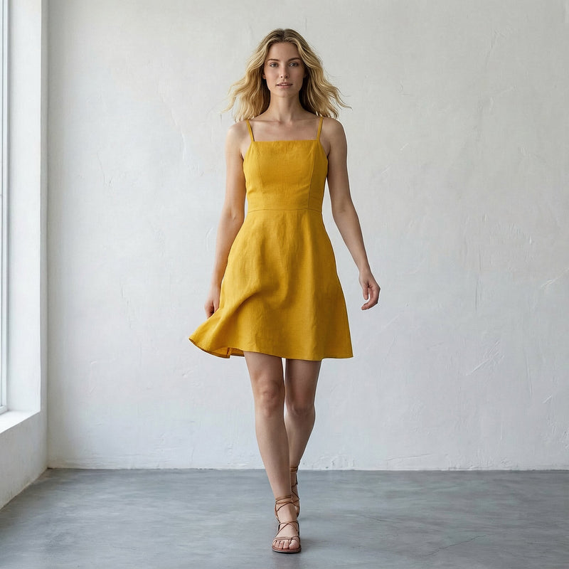 Yellow Cotton Flax Fit and Flare Short Dress 66" / Custom Height (Free) Yellow Cotton Flax Fit and Flare Short Dress 66" / Custom Height (Free)