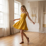 Yellow Cotton Flax Fit and Flare Short Dress