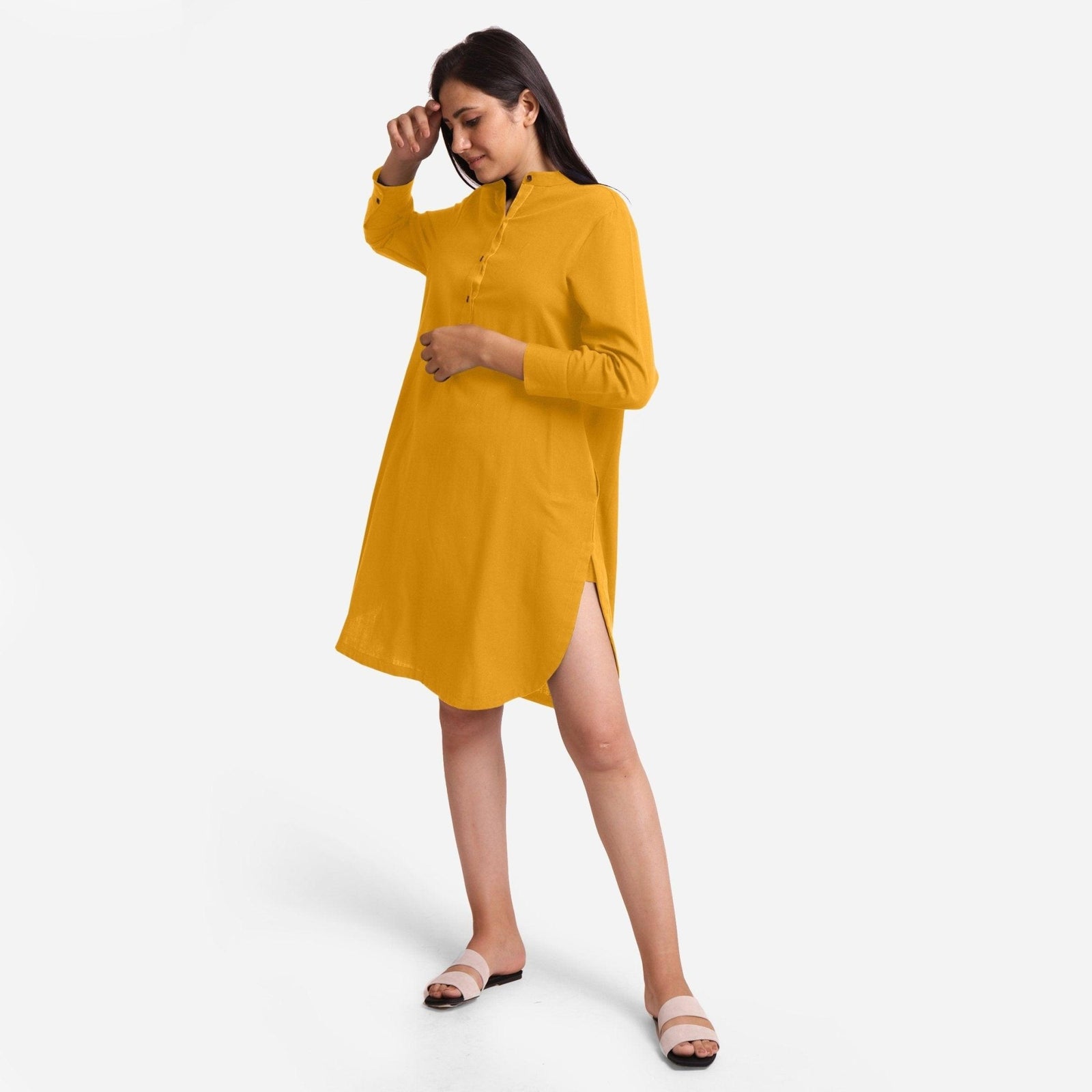 long sleeve knee length shirt dress Yellow Cotton Flax Knee Length Shirt Dress 34