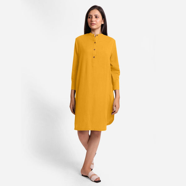 Front View of a Model wearing Yellow Cotton Flax Shirt Dress