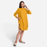 Front View of a Model wearing Yellow Cotton Flax Shirt Dress