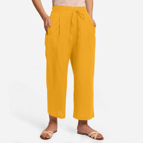 Front View of a Model wearing Yellow Cotton Flax Wide Legged Pant