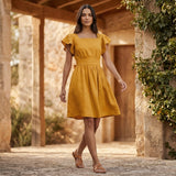 Yellow Cotton Flax Open-Back Fit and Flare Knee Length Dress