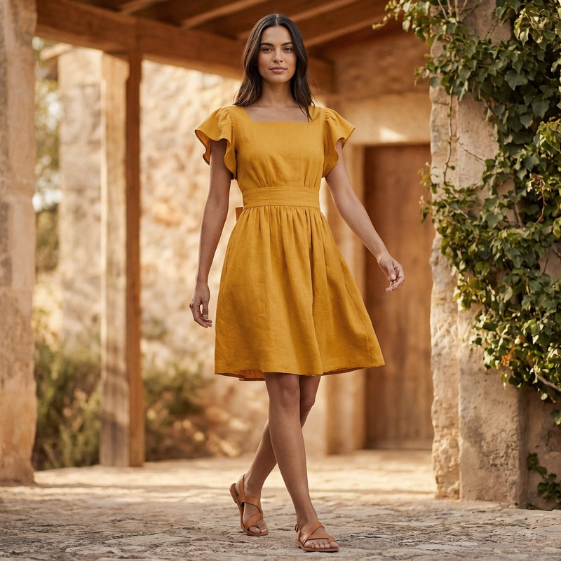 Buy Yellow Cotton Flax Open-Back Fit and Flare Knee Length Dress Online at SeamsFriendly Buy Yellow Cotton Flax Open-Back Fit and Flare Knee Length Dress Online at SeamsFriendly