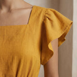 Yellow Cotton Flax Open-Back Fit and Flare Knee Length Dress