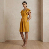 Yellow Cotton Flax Open-Back Fit and Flare Knee Length Dress