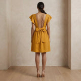 Yellow Cotton Flax Open-Back Fit and Flare Knee Length Dress