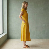 Yellow Cotton Flax Paneled A-Line Midi Dress