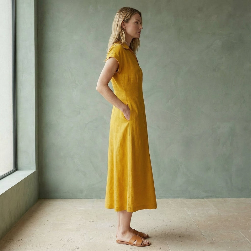 Yellow Cotton Flax Paneled A-Line Midi Dress 70" / Custom Height (Free) Yellow Cotton Flax Paneled A-Line Midi Dress 70" / Custom Height (Free)