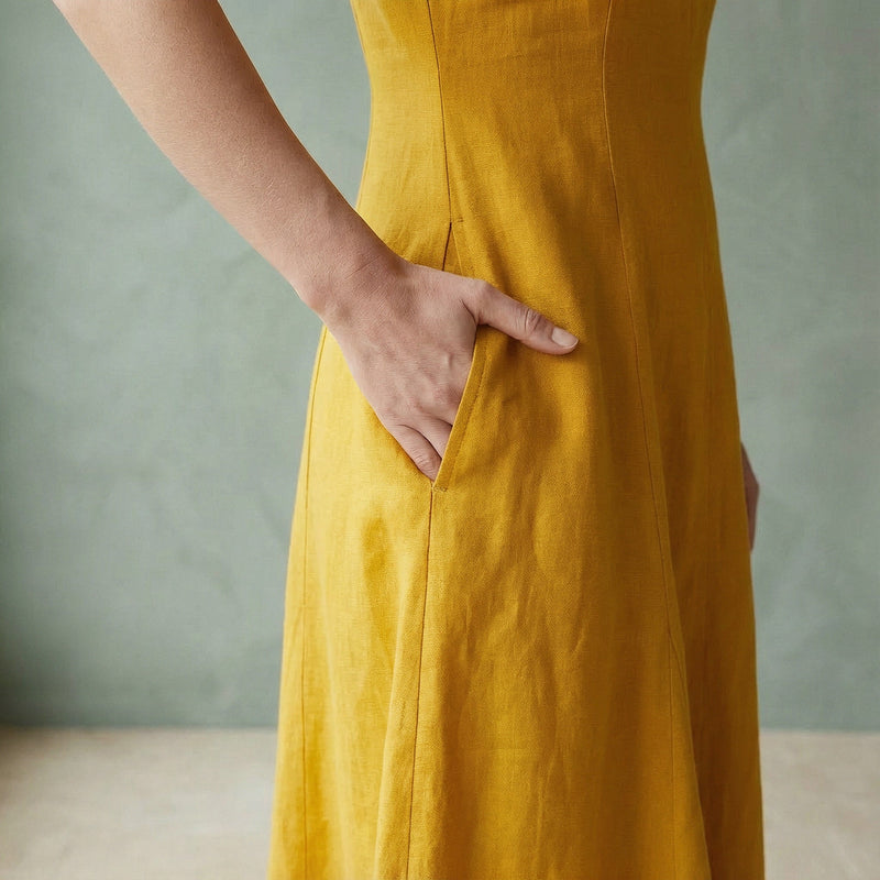 Buy Yellow Cotton Flax Paneled A-Line Midi Dress Online at SeamsFriendly Buy Yellow Cotton Flax Paneled A-Line Midi Dress Online at SeamsFriendly
