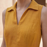 Yellow Cotton Flax Paneled Sleeveless Maxi Dress