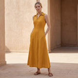 Yellow Cotton Flax Paneled Sleeveless Maxi Dress