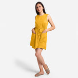 Front View of a Model wearing Yellow Patch Pocket Round Neck Dress