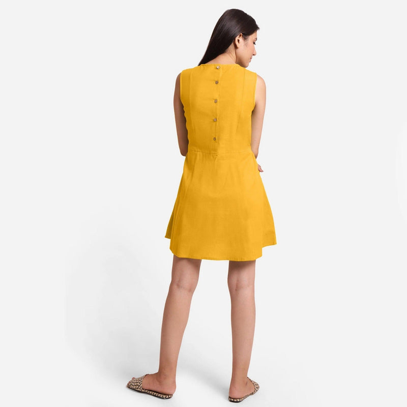 Back View of a Model wearing Yellow Patch Pocket Round Neck Dress