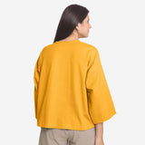 Back View of a Model wearing Yellow Cotton Flax Flared A-Line Top