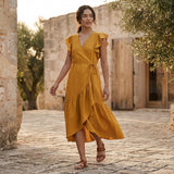 Yellow Cotton Flax Ruffle Midi Wrap Dress