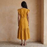 Yellow Cotton Flax Ruffle Midi Wrap Dress