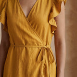Yellow Cotton Flax Ruffle Midi Wrap Dress