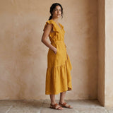 Yellow Cotton Flax Ruffle Midi Wrap Dress