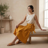 Yellow Cotton Flax Ruffle Midi Wrap Skirt