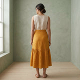 Yellow Cotton Flax Ruffle Midi Wrap Skirt