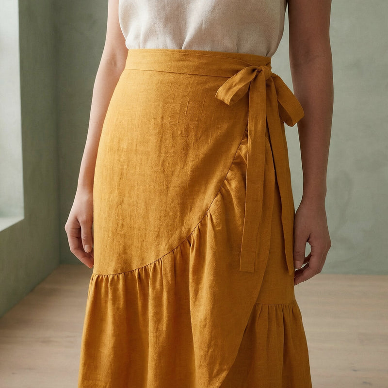 Buy Yellow Cotton Flax Ruffle Midi Wrap Skirt Online at SeamsFriendly