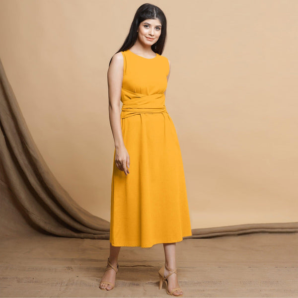 Yellow Cotton Flax Sleeveless A-Line Midi Dress