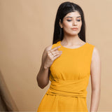 Yellow Cotton Flax Sleeveless A-Line Midi Dress