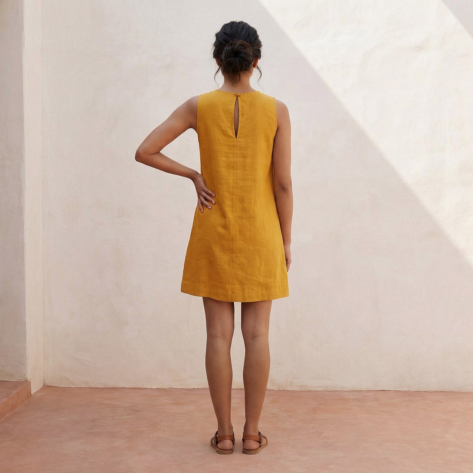 Buy Yellow Cotton Flax Sleeveless A-Line Short Shift Dress Online at SeamsFriendly