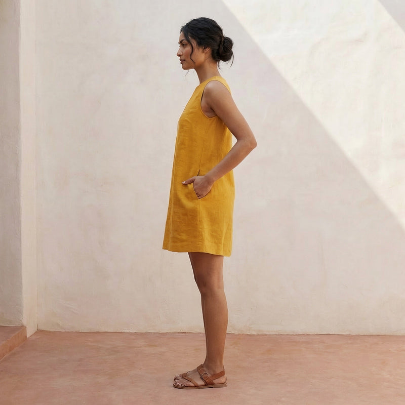 yellow shift dress Yellow Cotton Flax Sleeveless A-Line Short Shift Dress 60