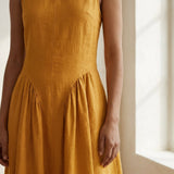 Yellow Cotton Flax Sleeveless Paneled Maxi Dress