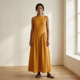 Yellow Cotton Flax Sleeveless Paneled Maxi Dress