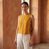 Yellow Cotton Flax Sleeveless Side-Tie Top